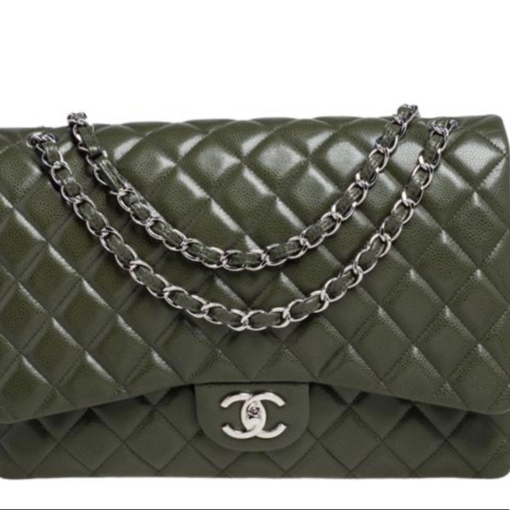 Chanel Maxi double flap quilted purse. Army green